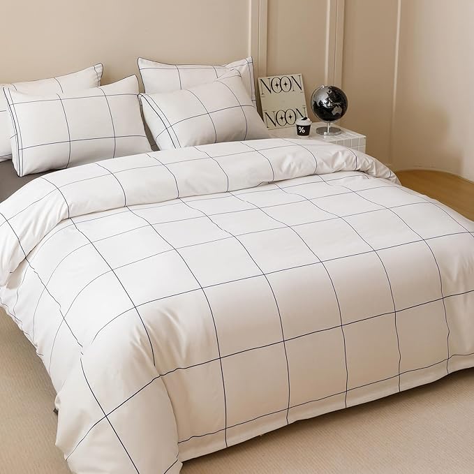 KAREVER White Grid Comforter Twin Boys Grils Navy Blue Square Lines Checkered Bedding Set Twin White Plaid Comforter Twin Size