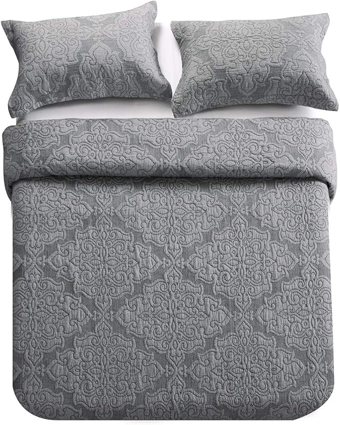 Travan 3-Piece King Quilt Set Quilted Bedspread Oversized Microfiber Lightweight Bedspread Coverlet Set with Shams Bedding Set for All Season, Grey, King