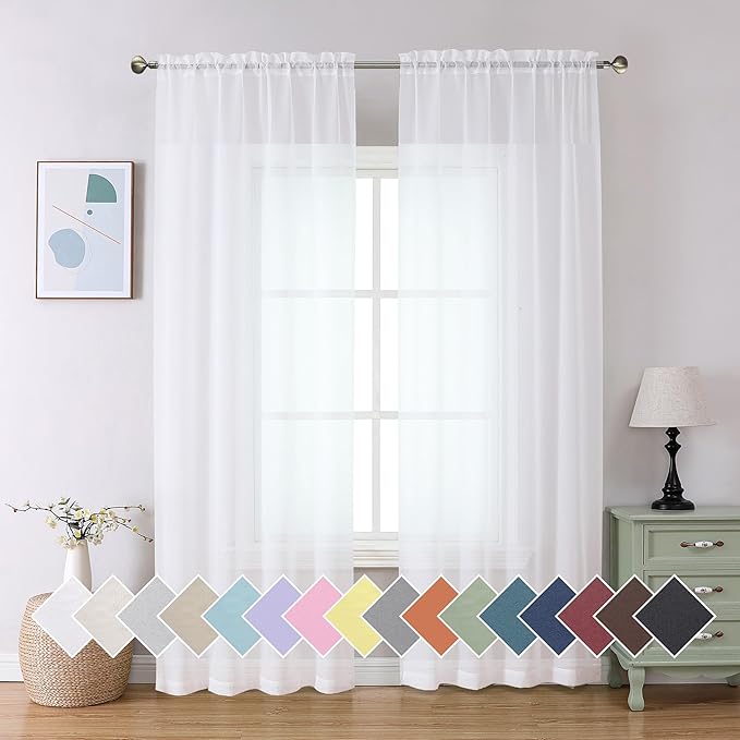 Aiyufeng 2 Pack: Basic White Sheer Curtain Drapes for Living Room 84 Inch Length 2 Panels, Light Filtering Voile Drapes for Bedroom, Patio, Sliding Door, Each 40" W x 84" L
