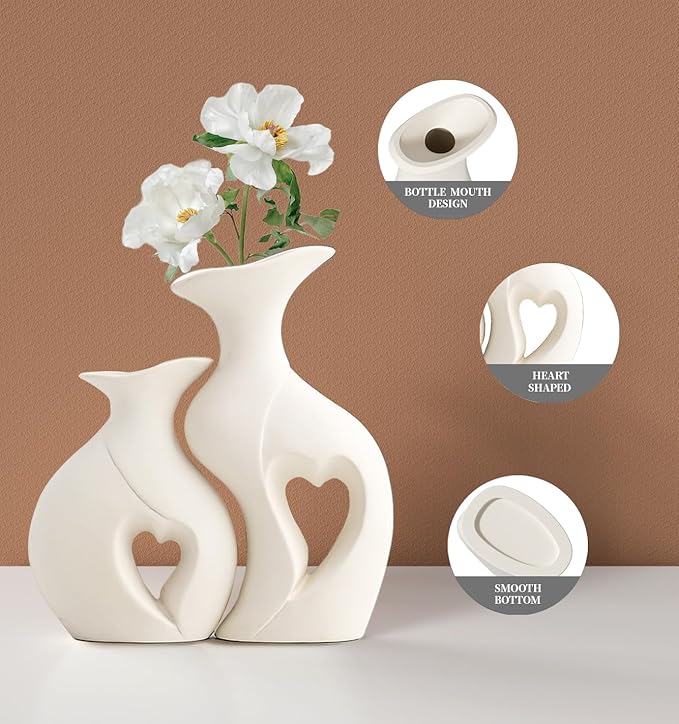 White Ceramic Vase Set of 2 for Home Decor,Minimalist Nordic Boho Vase for Decor,Flower Vases for Wedding,Living Room,Dining Table,Bedroom,Entryway,Office,Coffee Table Decor