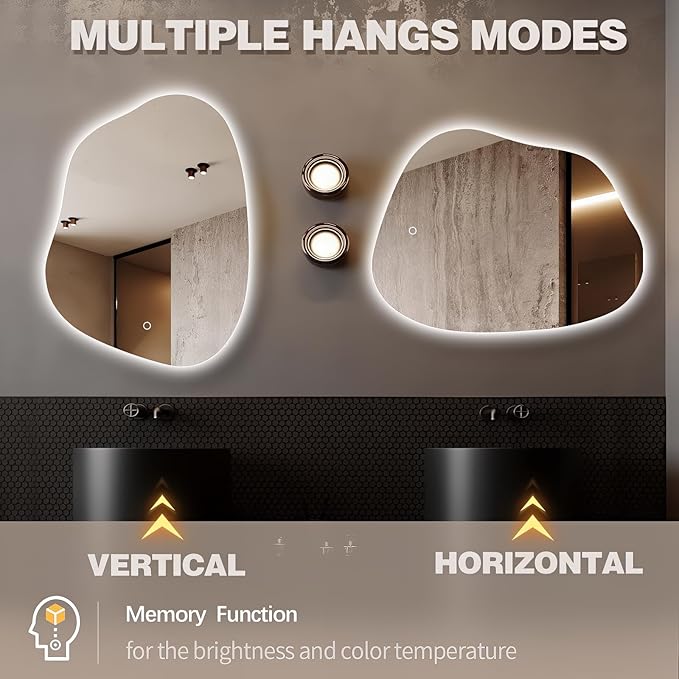 Irregular LED Bathroom Mirror with Lights, 32"x24" Anti Fog Frameless Led Bathroom Vanity Mirror, Stepless Dimmable Backlit Mirror for Bathroom Bedroom Living Room, Horizontal/Vertical