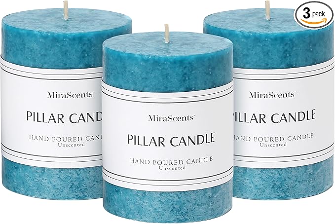 3x4 inch Blue Pillar Candles Set of 3, Unscented Pillar Candle, Dripless and Smokeless Large Candles, Candle for Home Decor, Dinner Table,Weddings, Holidays