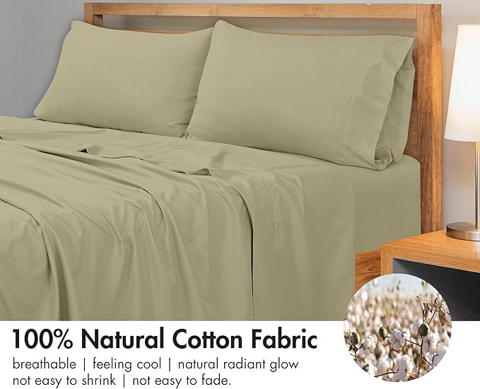 Royale Linens 300 Thread Count 100% Long Staple Combed Cotton Flat Sheet - Super Soft - Top Sheets - Twin Flat Sheet Sold Separately - Breathable, Cool & Crisp Percale Sheets Only (Twin, Sage Green)