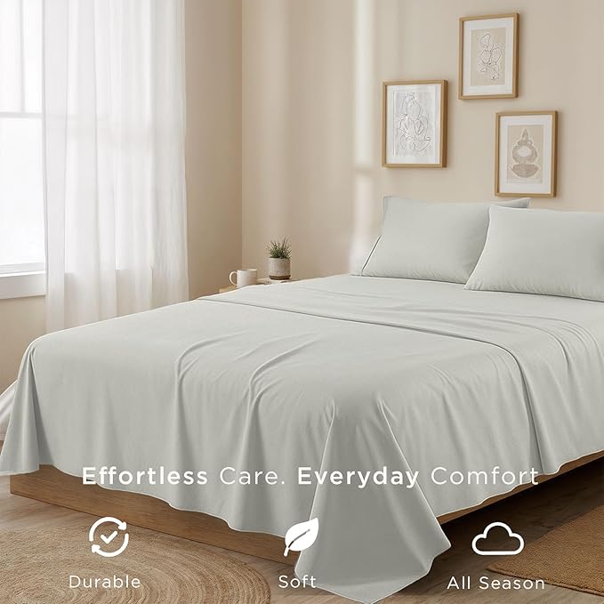 Threadmill 100% Cotton Sheets for King Size Bed | 4 Pc King Bed Sheets Set | Soft, Breathable Lightweight Solid Sateen for All-Season Use | Snug Fit Elastic Deep Pocket King Sheets | Light Grey