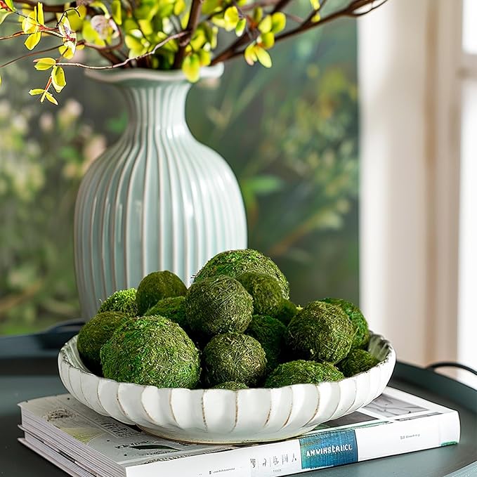 18 Pack Decorative Faux Dried Moss Balls- 6pcs 3.1" Artificial Green Plant Mossy Globes+ 12pcs 2.2" Handmade Sphere Moss Gift for Home Dough Bowl Vase Chinoiserie Decors Party Wedding Display