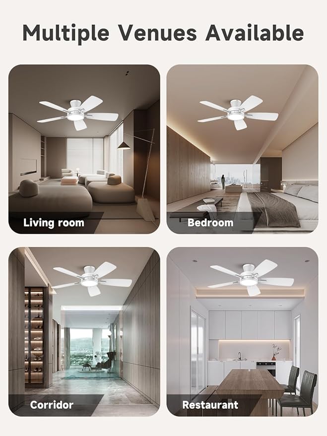 TALOYA Ceiling Fans with Lights and Remote, 46 Inch Low Profile Ceiling Fan with Light, Flush Mount, Reversible, 3CCT, Dimmable White Modern Ceiling Fan for Bedroom, Living Room, Outdoor Patio