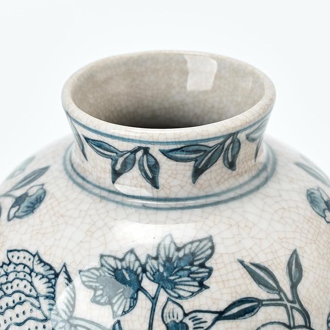 SIDUCAL Ceramic Chinoiserie Floral Vase | 6.3 Inch Blue and White Vintage | Retro Ice Cracked Blue and White Porcelain Vase for Table, Living Room, Bathroom Decoration, Shelf Decor, Mantel