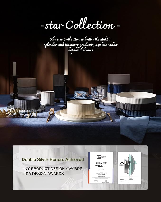 Famiware Star Dinnerware Set with Mugs, Service for 4 (16pcs), Ribbed Stoneware Plates and Bowls Dishes Sets - Chip & Scratch Resistant, Microwave & Dishwasher Safe, Nebulas Blue