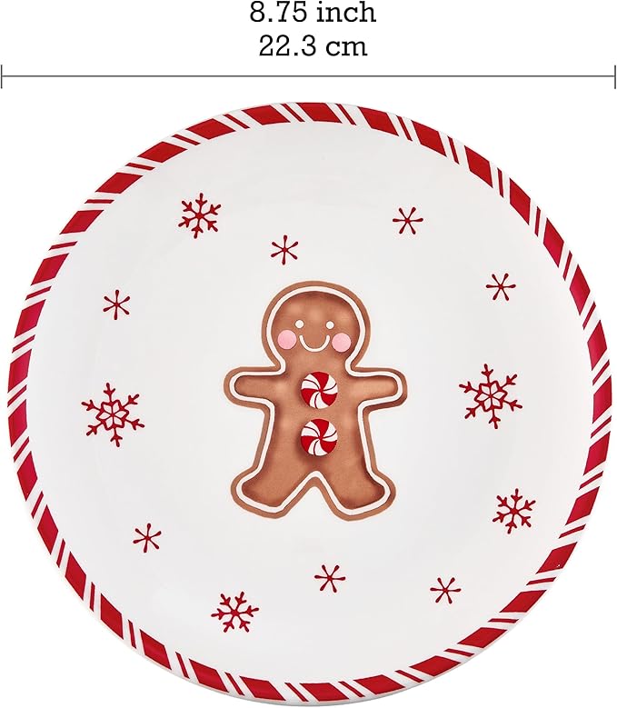 Bico Traditional Christmas Gingerbread Man Ceramic 8.75 inch Holiday Salad Plates Set, Set of 4, for salad, appetizer, tapas, Microwave and Dishwasher Safe, Scratch Resistant