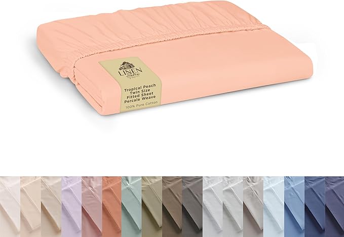 Linen Home 100% Cotton Percale Weave Fitted Sheet, Twin Size, Tropical Peach, 1 Deep Pocket Fitted Sheet, Fits Mattress Upto 16" Crisp and Cool Strong Bed Linen, 39"X75"+15"