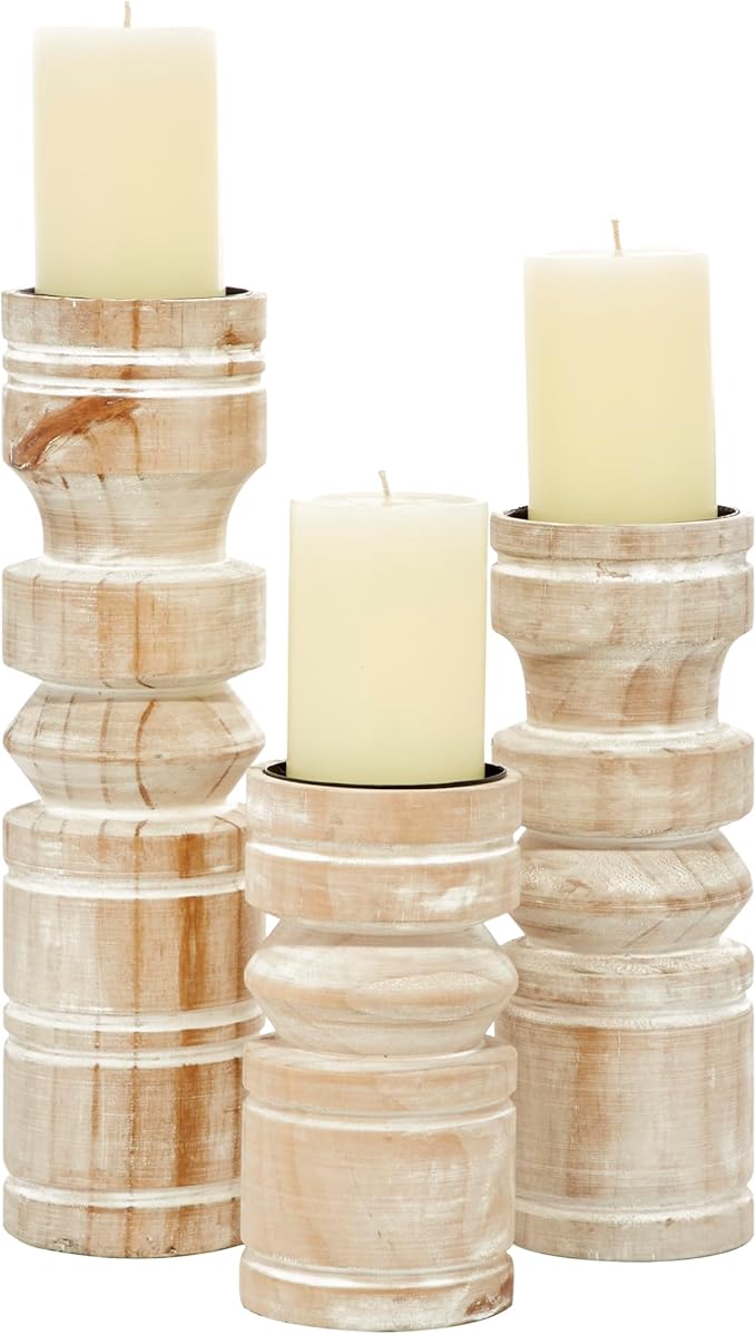 Deco 79 Wood Pillar Candle Holder with White Wash Finish, Set of 3 14", 11", 8"H, Brown