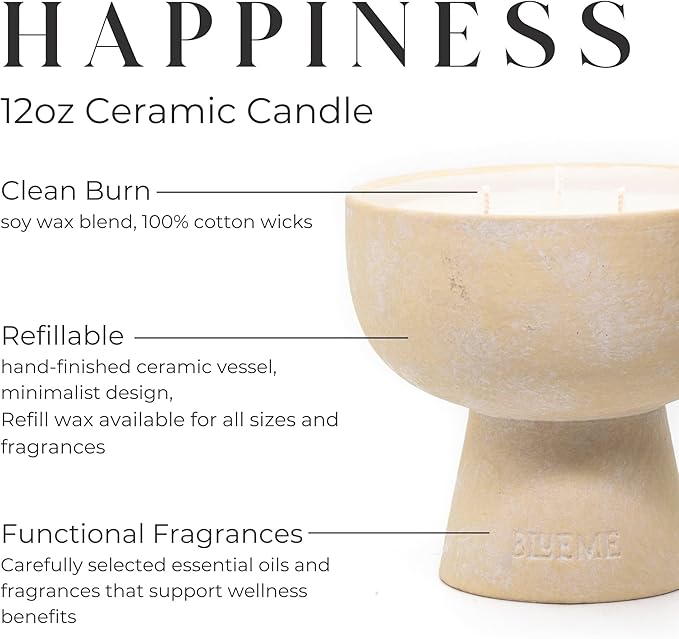 BLUEME Happiness - Yuzu & Ginger, Luxury Candle w/Essential Oils, 3 Wick, Hand-Poured Soy, Cotton Wick, Ceramic