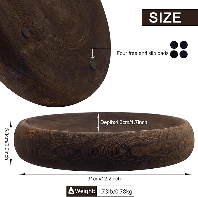 Wooden Decorative Bowls, 13 Inch Round Paulownia Wood Centerpiece Bowls for Home Decor, Blackened Fruit Bowl for Coffee Table, Key Tray for Entryway Moss Holder (Black)