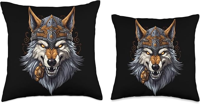 Vikings Scandinavian Wolf Lover Wolf Wearing Viking Helmet Nordic Norse Mythology Norwegian Throw Pillow, 18x18, Multicolor