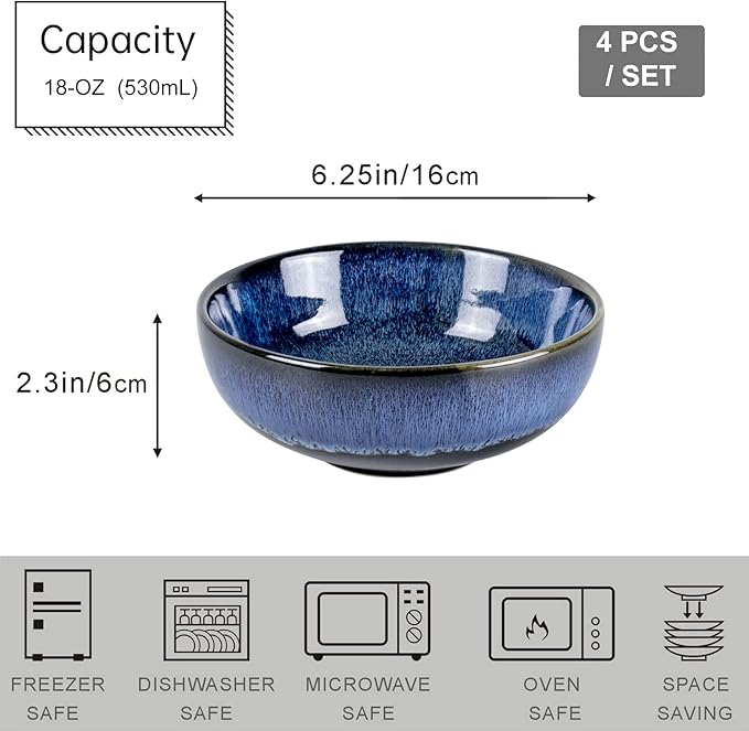 UNICASA Ceramic Cereal Bowls Set, 18 OZ Salads Bowls Set of 4, Dessert Serving Bowl for Soup, Reactive Glaze Ramen Bowls, Microwave Oven and Dishwasher Safe, Blue
