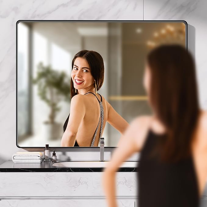 Hasipu Black Bathroom Mirror for Wall, 55 x 30 Inch Metal Framed Bathroom Mirrors for Over Sink, Rectangle Bathroom Vanity Mirror, Anti-Rust, Tempered Glass, Horizontal or Vertical