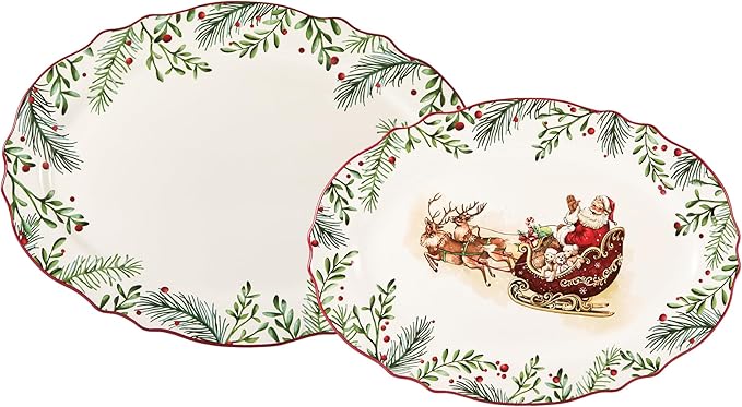 Bico Santa On The Way 16 plus 14 inch Scalloped Oval Platters Set, Set of 2, Microwave and Dishwasher Safe, for Serving Fish, Chicken, Turkey