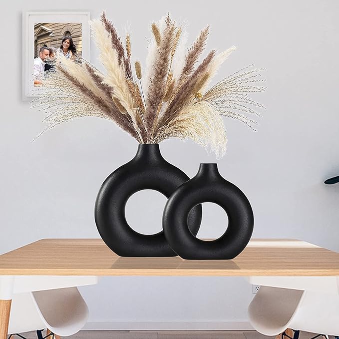 Ceramic Vases Set of 2, Modern Black Round Vase Rustic Home Decor, Donut Ceramic Design Apply to Living Room Kitchen Mantle Bedroom Dining Table Office Black Decor
