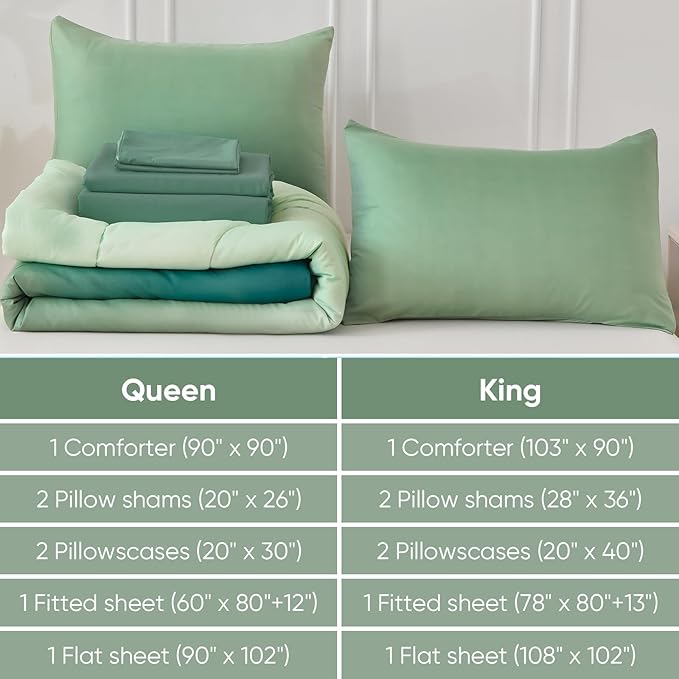 King Size Comforter Set - 7 Pieces Soft Sage Green Bed in a Bag with Fitted Sheet, Flat Sheet, 2 Pillow Shams, and 2 Pillowcases - Warm Bed Set for All Season
