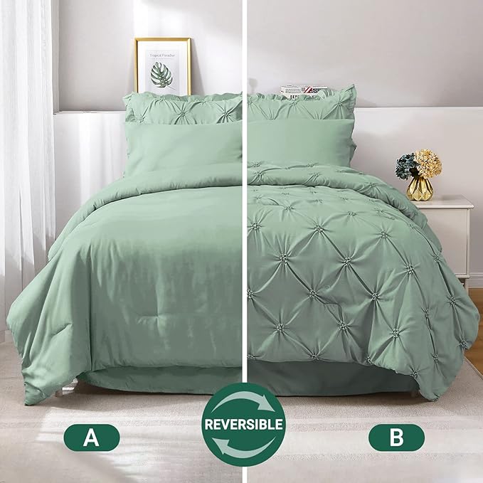 JOLLYVOGUE Green Cal King Size Comforter Sets 7 Pieces, Pintuck Bed in a Bag Comforter Set for Bedroom, Bedding Comforter Sets with Comforter, Sheets,Ruffled Shams & Pillowcases