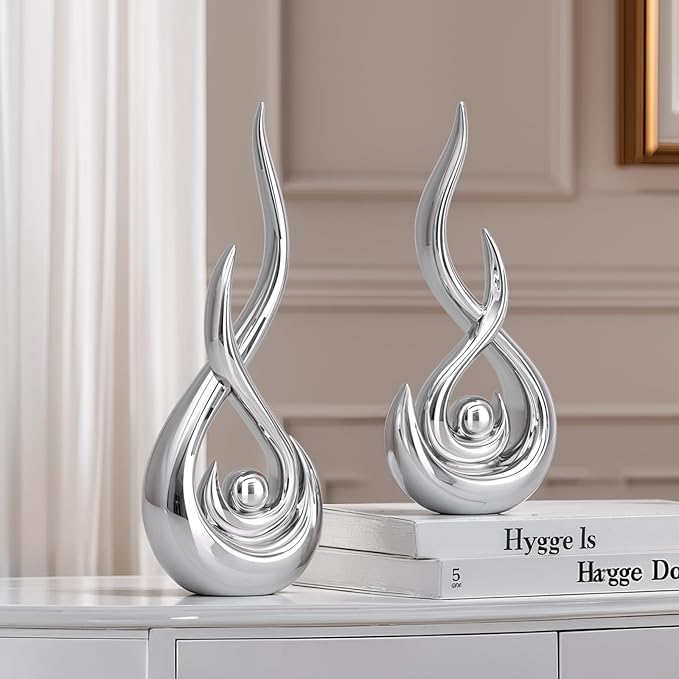 XMGZQ Modern Abstract Art Home Decor Accent,Contemporary Statues Coffee Table Decor for Living Room,Table Centerpieces for Dining Room,Ceramic Sculptures Knick Knacks for TV Stand Show Piece (Silver)