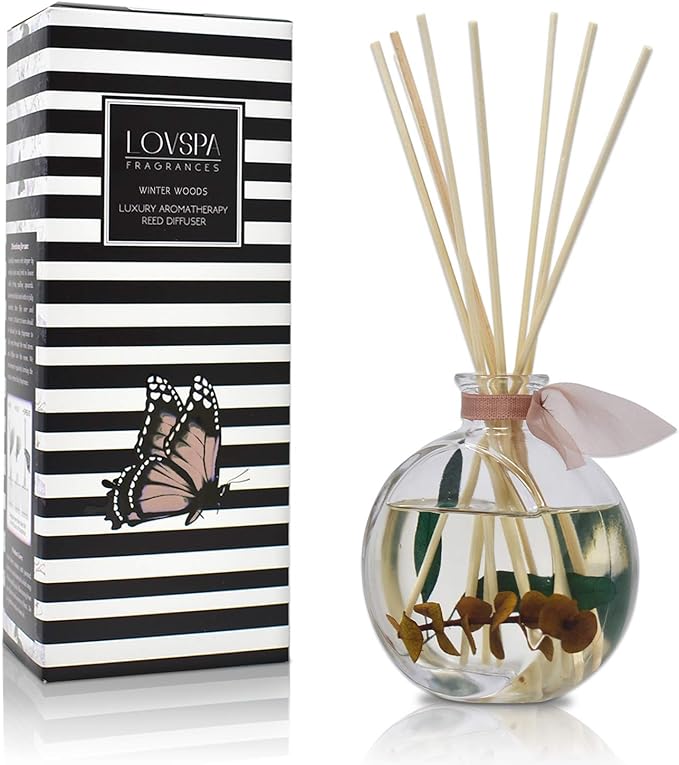 LOVSPA Reed Diffuser Set, Winter Woods Scented Oil Diffuser with Sticks, Home Fragrance Accessories for Bathroom Shelf Decor, Aroma Diffusers for Home or Office Desk, USA Made