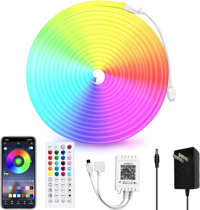 32.8ft 24V RGB LED neon Rope Lights LED neon Lights with Remote Control APP Control IP65 Waterproof Flexible Neon LED Strip Lights for Bedroom Room Outdoors Décor
