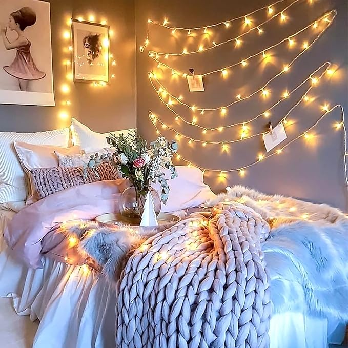 JMEXSUSS 33ft 100 LED Warm White Christmas Lights Outdoor, Battery Power String Lights Waterproof, Twinkle Fairy Mini Lights with 8 Modes Remote Indoor