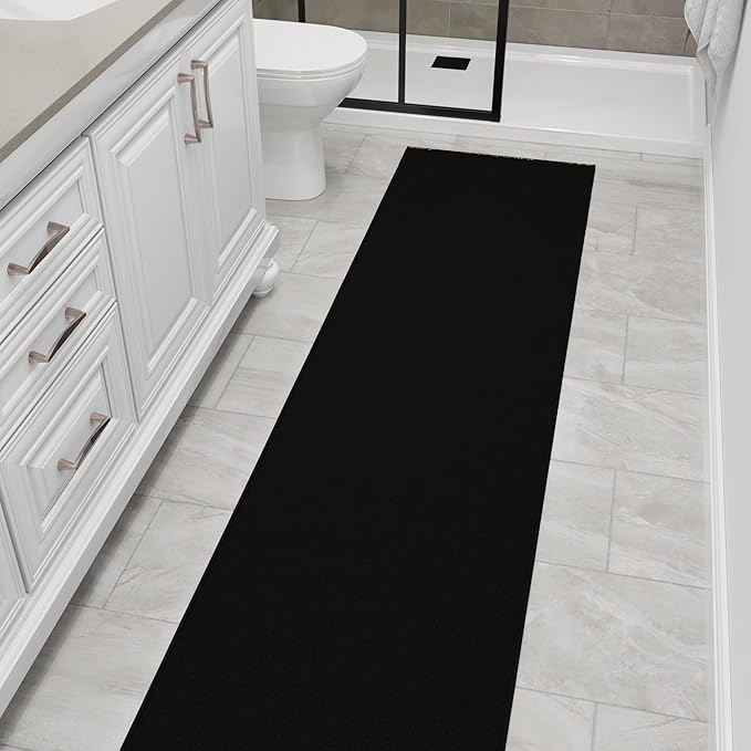 Ottomanson 2x37 Non Slip Extra Long Hallway Runner Rug with Rubber Backing - Solid Modern Kitchen Rug for Bedroom or Living Room, Black, 2' x 37'
