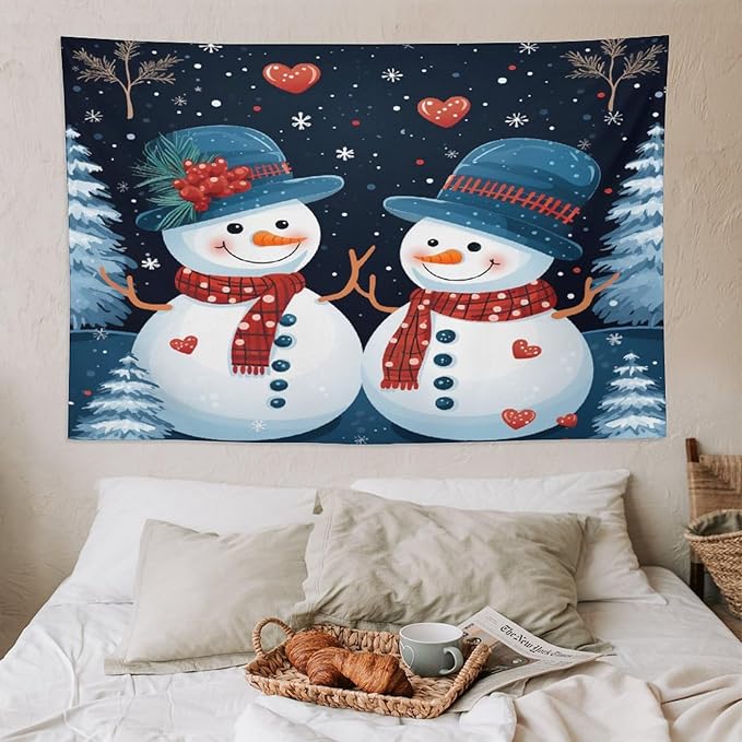 MaSiledy Snowman Couple Tapestries Christmas Cute Snowman Tapestries for Bedroom Landscape Tapestry Home Decoration for Living Room Bedroom 60"x90" Holiday Scene Banner for Winter Christmas Party