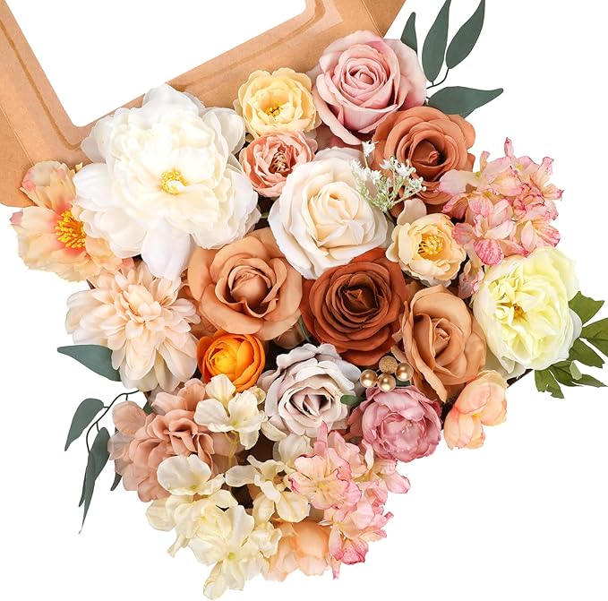 AmyHomie Champagne Artificial Flowers Combo Silk Mix Peony Rose Hydrangea Fake Flowers w/Stem for DIY Wedding Bouquets Centerpieces Arrangements Table Party Bridal Baby Shower Home Fall Decor