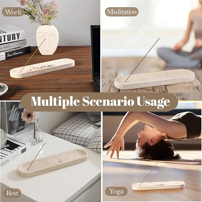 Koville Travertine Incense Holder, Incense Holder for Sticks, Long Incense Sticks Holder Ash Catcher for Meditation Yoga SPA, Natural Stone Incense Burner, Home Table Decor(Beige)