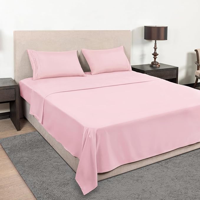 Mejoroom Queen Size Sheet Set - Hotel Luxury 1800 Bedding Sheets & Pillowcases - Deep Pocket Fitted Sheet, Soft, Breathable, Wrinkle & Fade Resistant - 4 Piece (Queen, Blush Pink)
