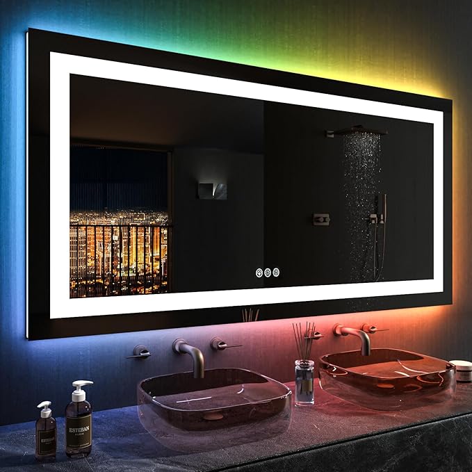 LOAAO 55X30 Inch RGB LED Bathroom Mirror with Lights, Anti-Fog, Dimmable Lighted Bathroom Vanity Mirror, Colorful Multiple Light Modes, RGB Backlit + Front Light, Memory Function