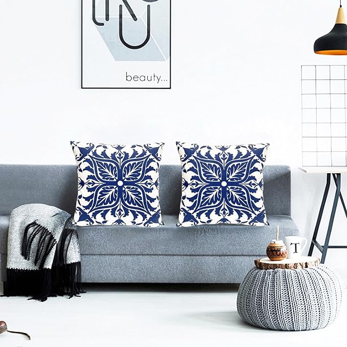 Decorative Throw Pillow Covers Set of 2 Blue Pillow Covers 16x16 inch Short Plush Floral Flower Throw Pillows,Farmhouse Cushion Covers Outdoor Pillow Covers for Couch Sofa Bed Living Room