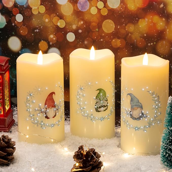 Eywamage Gnomes Christmas Fiber Optic Flameless Candles with Remote, Snowflakes Flickering LED Battery Pillar Candles Set of 3