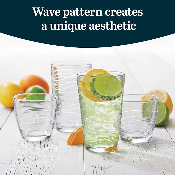 Libbey Orbita Tumbler and Rock Glass Set, Durable, Chip-Resistant Glass Cups Set with Wave Pattern, Glasses Drinking Set of 16 for Any Occasion