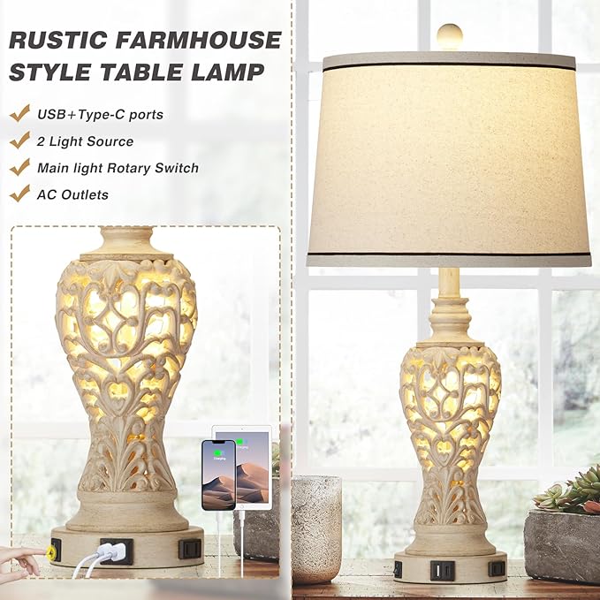 Table Lamps Set of 2, Farmhouse Table Lamps with Nightlight, Rustic Bedside Lamps with Dual USB & AC Outlet, 25.2'' Beige Vintage Nightstand Lamps for Bedroom Living Room, Bulbs Included