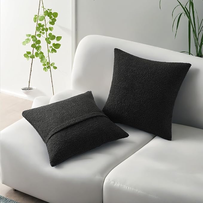 HAUSSY Set of 2 22x22 Decorative Throw Pillow Covers, Soft Cozy Textured Boucle Couch Cases, Home Decor for Couch Bed Living Room, Black
