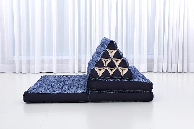 Leewadee Comfortable Japanese Floor Mattress - Thai Floor Bed with Triangle Cushion - Futon Mattress - XL Extra Wide Thai Massage Mat, 67 x 31 inches, Blue White, Kapok Filling