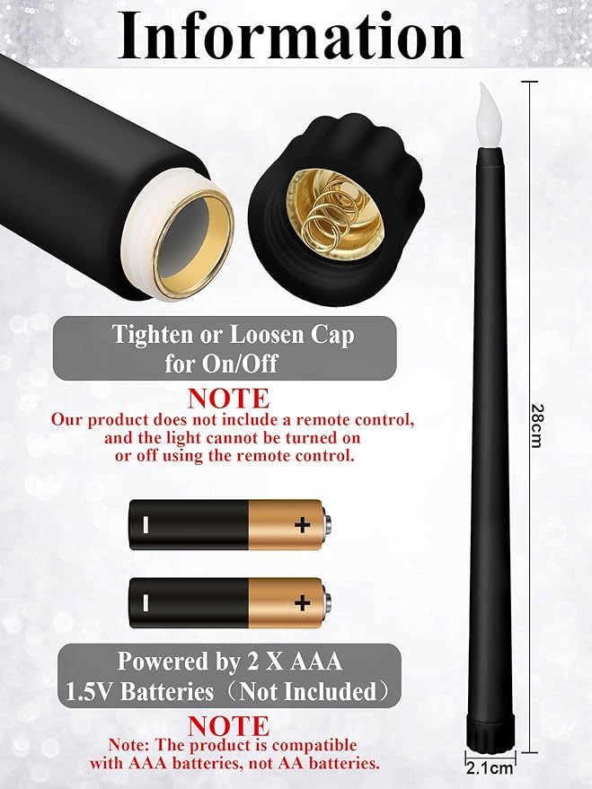 Treela 24 Pcs Flameless Taper Candles Battery Operated Bulk Fake 11 Inch Candles Light LED Candlesticks Flickering Tapered for Wedding Halloween Christmas Decoration(Black,Basic)