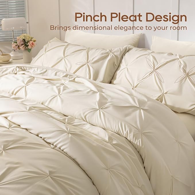 Sasttie California King Comforter Set, 7-Piece Bed in a Bag Cal King, Pintuck Bedding Set for All Season, Includes Comforter, Flat Sheet, Fitted Sheet, Pillowcases and Pillowshams, Beige