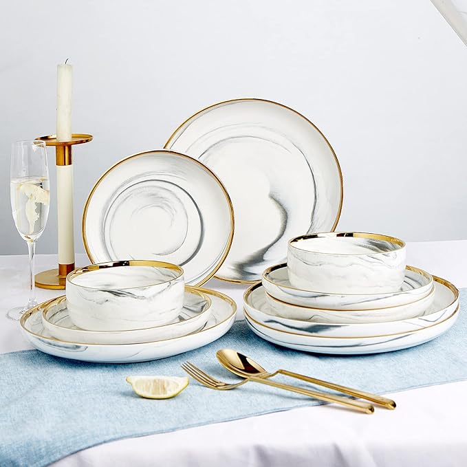 Marble Gold Rim Dinnerware Sets, Porcelain Plates and Bowls Sets, Modern Luxury Dish Set for 4, White Grey China Dinner Set for Special Occasions, Hand Wash Quickly
