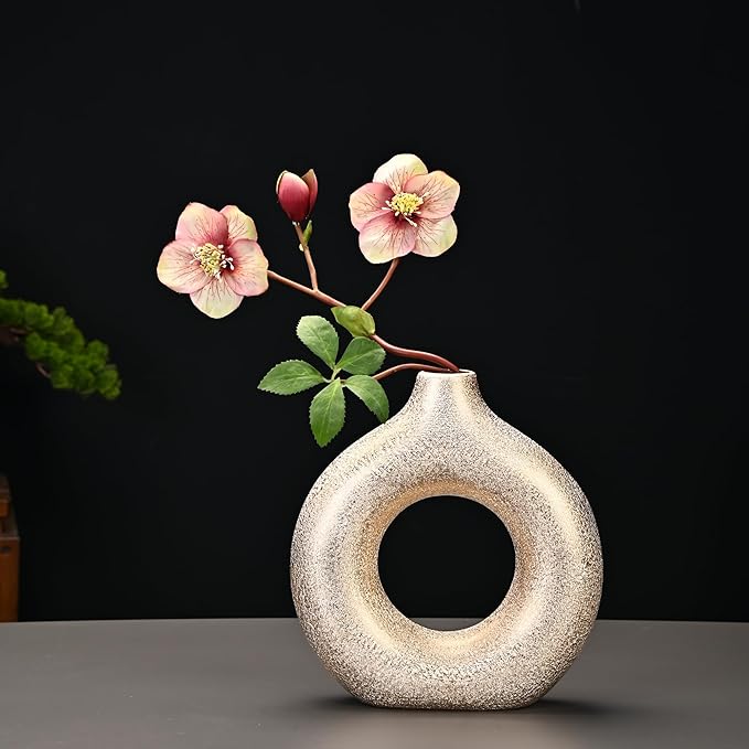 Set of 2 Donut Hollow Ceramic Vase Handmade Minimalist Boho ins Style, Modern Vase for Home Decor for Wedding Dinner Table Party Living Room Office Bedroom (Gold, Extra Large + Large)