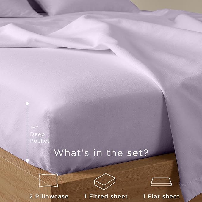 Threadmill Cotton Full Size Sheet Set| 100% Cotton Sheets for Full Size Bed | Solid Sateen Full Bed Sheets Set with 16” Elasticized Deep Pocket | Soft Breathable 4-Piece Cooling Sheet Set | Lilac