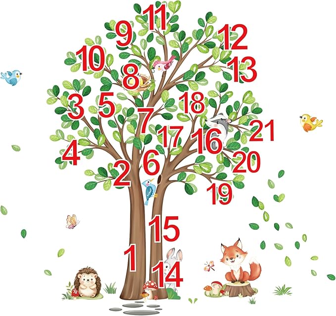 decalmile Woodland Animals Large Forest Tree Wall Decals Fox Rabbit Hedgehog Wall Stickers Baby Nursery Toddler Room Living Room Wall Decor