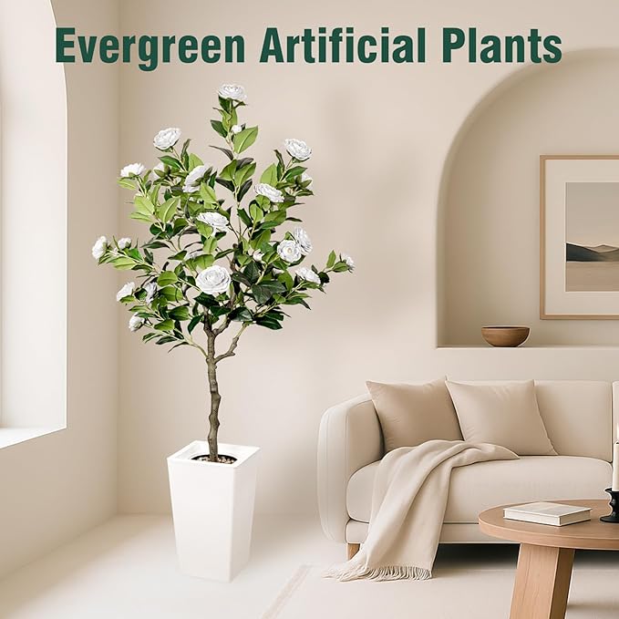 5Ft Artificial Camellia Tree in White Pot, White Faux Plant Indoor Outdoor (61"), Tall Flower Plant for Porch & Living Room Office Decor