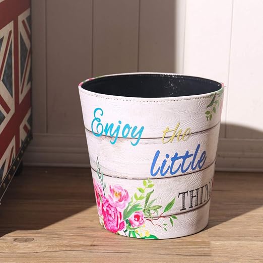 PU Leather Small Trash Can Wastebasket, Round Garbage Container Basket for Bathrooms, Laundry Room, Kitchens, Offices, Kids Rooms, Bedrooms,Dorms,Home Decorative Art Bin, 2.9 Gallon(Floral)