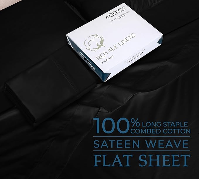Royale Linens 400 Thread Count 100% American Grown Cotton - Cooling Sheets - Twin Sheets - Luxury Sateen Weave - Twin Flat Sheet Sold Separately - Black Flat Sheet Only (Twin, Night Black)