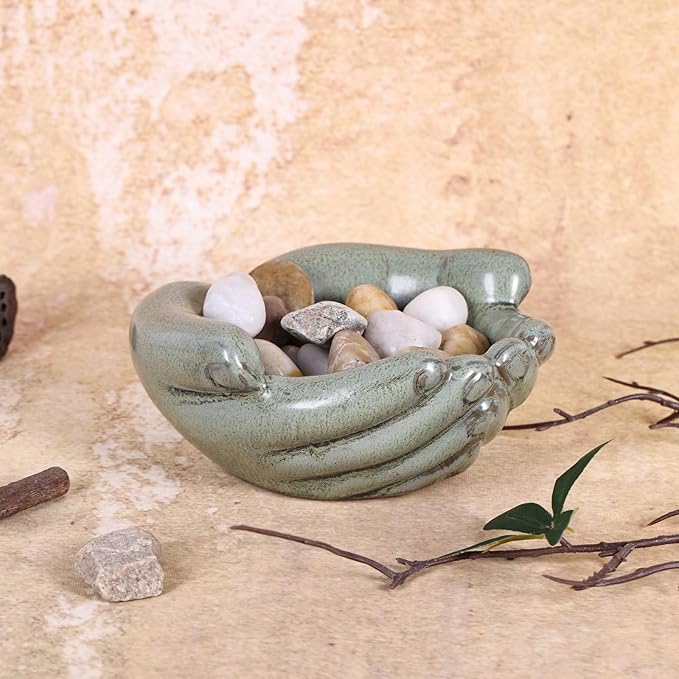 Ceramic Hands Bowl Dish Sculpture, Giving Hands Candy Holder for Succulent Planter, Crystal Rock Holder, Office, Keys Bowl for Entryway Table (Vintage Green)